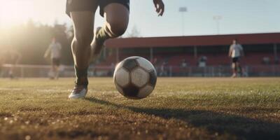 Football ou football joueur en jouant avec le Balle dans stade. génératif ai photo