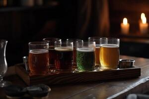 différent les types de Bière sur le bar bar de le pub Bière assortiment du froid différent des lunettes de Bière sur le en bois tableau. ai généré photo