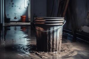 seau avec foule dans inondé sous-sol ou électrique pièce nettoyage en haut beaucoup de l'eau sur sol de plusieurs fuites dans mur et plafond l'eau dommage de pluie fonte des neiges ou tuyau éclatement. ai généré photo