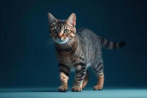 mignonne chat isolé sur bleu Contexte. génératif ai photo