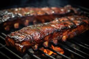 un barbecue travers de porc grillé travers de porc sur gril grille avec Feu fermer vue été pique-nique en plein air technologie. ai généré photo