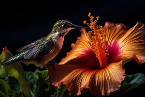 le art de pollinisation colibri alimentation sur hibiscus fleur magnifique la photographie. ai généré photo