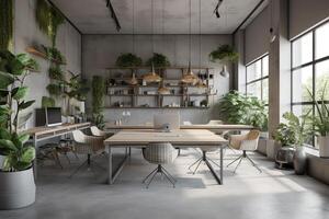 3d rendre de béton contemporain Bureau espace avec gris chaises bureaux et beaucoup les plantes. ai généré photo