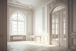 ancien blanc pièce avec porte et fenêtre dans Nouveau Accueil 3d le rendu. ai généré photo