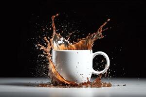 liquide café vague éclabousser en dehors de une blanc tasse tasse. ai généré photo