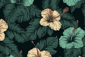 sans couture modèle hibiscus fleurs monstera vert feuille Contexte. ai généré photo