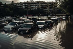 inondation parking parcelle. ai généré photo