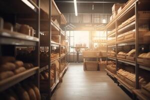 flou biologique respectueux de la nature végétalien épicerie boulangerie boutique avec en bois mur parquet sol variété de pain chignon casse-croûte sur étagère en bonne santé achats mode de vie intérieur conception décoration Contexte. ai généré photo