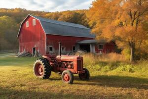 rouge Grange et tracteur sur une cultiver. ai généré photo