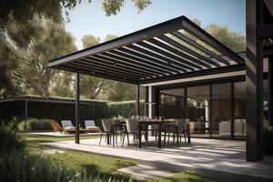 moderne patio meubles comprendre une pergola ombre structure un store une patio toit une à manger table des places et une métal gril. ai généré photo