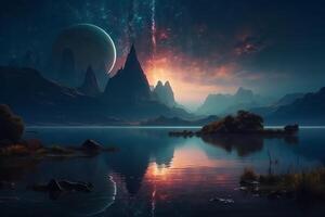 futuriste fantaisie scifi paysage montagnes Lac avec grand planète galaxie avec lumière réflexion dans l'eau. ai généré photo
