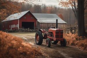 rouge Grange et tracteur sur une cultiver. ai généré photo