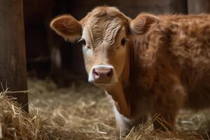 mignonne vache dans une Grange avec une meule de foin. ai généré photo