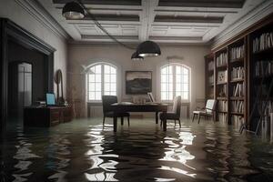 créer une bibliothèque dans une inondé sous-sol. ai généré photo