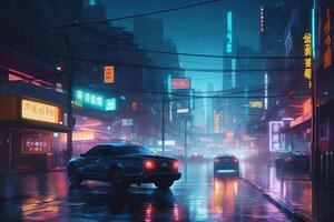 nuit scène de après pluie ville dans cyberpunk style futuriste nostalgique Années 80 Années 90 néon lumières vibrant couleurs photoréaliste horizontal illustration. ai généré photo