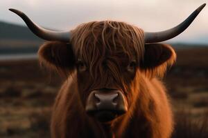 portrait de une marron Écossais montagnes bétail vache avec longue cornes dans la nature. ai généré photo