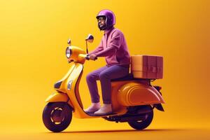 livraison homme balade scooter moto pour en ligne livraison un service sur Jaune Contexte. génératif ai photo