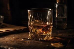 verre de whisky avec la glace encore la vie Cognac Bourbon sur une marron en bois table rustique style de l'alcool boisson Rhum scotch est généré avec le utilisation de un ai. ai généré photo