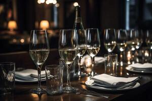 une table dans une restaurant a des lunettes de Champagne ou blanc du vin arrangé sur il. ai généré photo