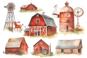 aquarelle granges clipart ferme style rouge Grange maison cheval tracteur Moulin à vent bois porte des illustrations mariage invitation DIY. ai généré photo