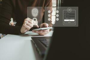 vérification des informations avec empreintes digitales par smartphone, sécurité Internet, transaction financière en ligne, vérification en 2 étapes, confirmation de la transaction et de l'identité. photo