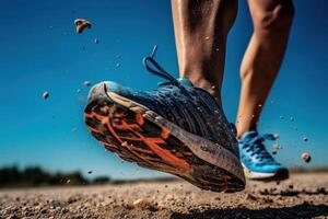 proche en haut athlète coureur pieds fonctionnement sur le route. fonctionnement pour en bonne santé la vie Contexte. génératif ai photo