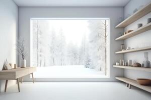 blanc vide pièce avec étagère et hiver paysage dans fenêtre scandinave intérieur conception 3d illustration. ai généré photo