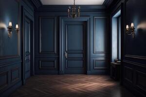 foncé bleu mur des portes et parquet dans classique style. ai généré photo