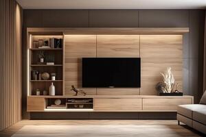 cabinet la télé dans moderne vivant pièce avec décoration sur en bois mur Contexte. ai généré photo