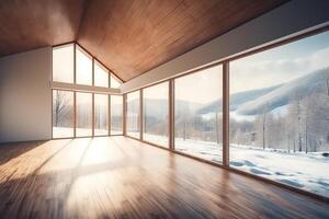 vide pièce intérieur conception ouvert espace avec gros panoramique les fenêtres sur hiver vue avec neige parquet en bois sol ondulé feuille toit moderne minimal architecture idée. ai généré photo