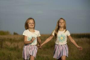 deux peu les filles courir à travers le été champ. sœurs. photo