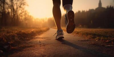 proche en haut athlète coureur pieds fonctionnement sur le route. fonctionnement pour en bonne santé la vie Contexte. génératif ai photo