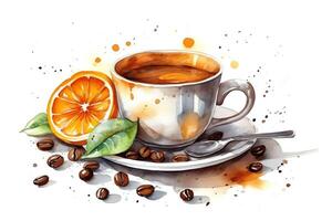 tasse de Matin café avec café des haricots aquarelle main tiré illustration isolé sur blanc Contexte. ai généré photo