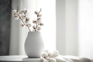 une serein encore la vie de coton branches dans une blanc vase. génératif ai photo