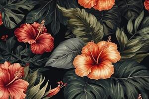 tropical floral hawaïen paume feuilles hibiscus fleur sans couture modèle noir Contexte exotique jungle fond d'écran. ai généré photo