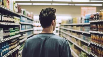 une homme sélection le meilleur produire dans le supermarché. génératif ai photo