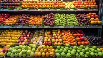 coloré tableau de Frais des fruits sur afficher à local marchand de légumes. génératif ai photo