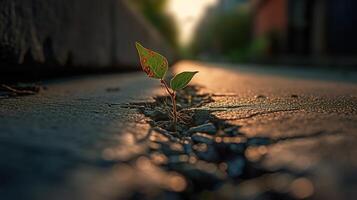 une petit jeune arbre émerge par asphalte. génératif ai photo