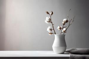 une serein encore la vie de coton branches dans une blanc vase. génératif ai photo