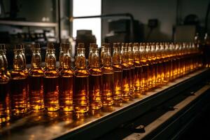 une bouteille de ambre avec whisky entouré par autre bouteilles sur le usine convoyeur. ai généré photo