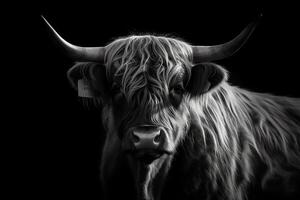 noir et blanc montagnes vache portrait. ai généré photo