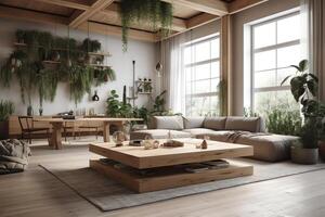 com table et décontractée vivant pièce intérieur conception avec une grand en coupe Naturel bois accents et intérieur les plantes. ai généré photo