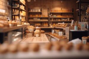 flou biologique respectueux de la nature végétalien épicerie boulangerie boutique avec en bois mur parquet sol variété de pain chignon casse-croûte sur étagère en bonne santé achats mode de vie intérieur conception décoration Contexte. ai généré photo