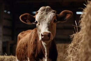 mignonne vache dans une Grange avec une meule de foin. ai généré photo