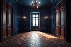 foncé bleu mur des portes et parquet dans classique style. ai généré photo