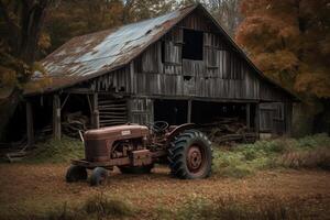 vieux Grange et tracteur. ai généré photo