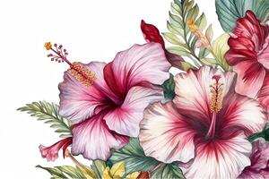 Cadre de tropical fleur hibiscus aquarelle botanique illustration dessiné à la main salutation carte avec endroit texte invitation à une mariage fête anniversaire. ai généré photo