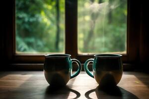 deux café des tasses séance sur Haut de une en bois table dans de face de une vert feuillu Contexte de une fenêtre et une en bois tableau. ai généré photo