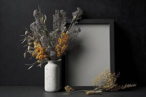 noir mince verticale Cadre moquer en haut à côté de béton vase avec sec fleurs plus de gris mur. maquette concept. ai génératif photo