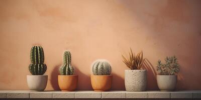 Trois petit mis en pot cactus les plantes sur béton dans de face de une vivement coloré mur ai généré photo